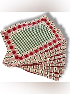 VTG Handmade Placemats Gingham~Green Red & White~10 qty Rectangular Solid Back
